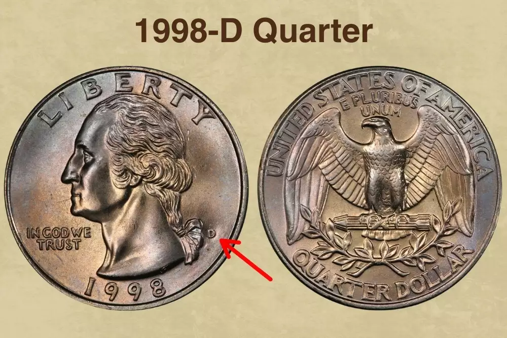 Side-by-side comparison of circulated 1998-D quarter versus high-grade MS-66+ uncirculated 1998-D showing eagle feather detail difference