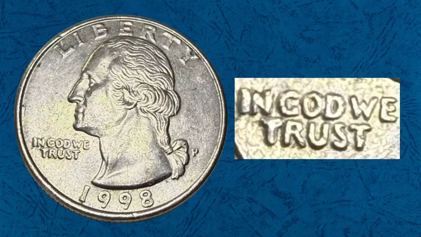 1998 quarter double-struck error showing two overlapping Washington portrait impressions demonstrating the second off-center strike