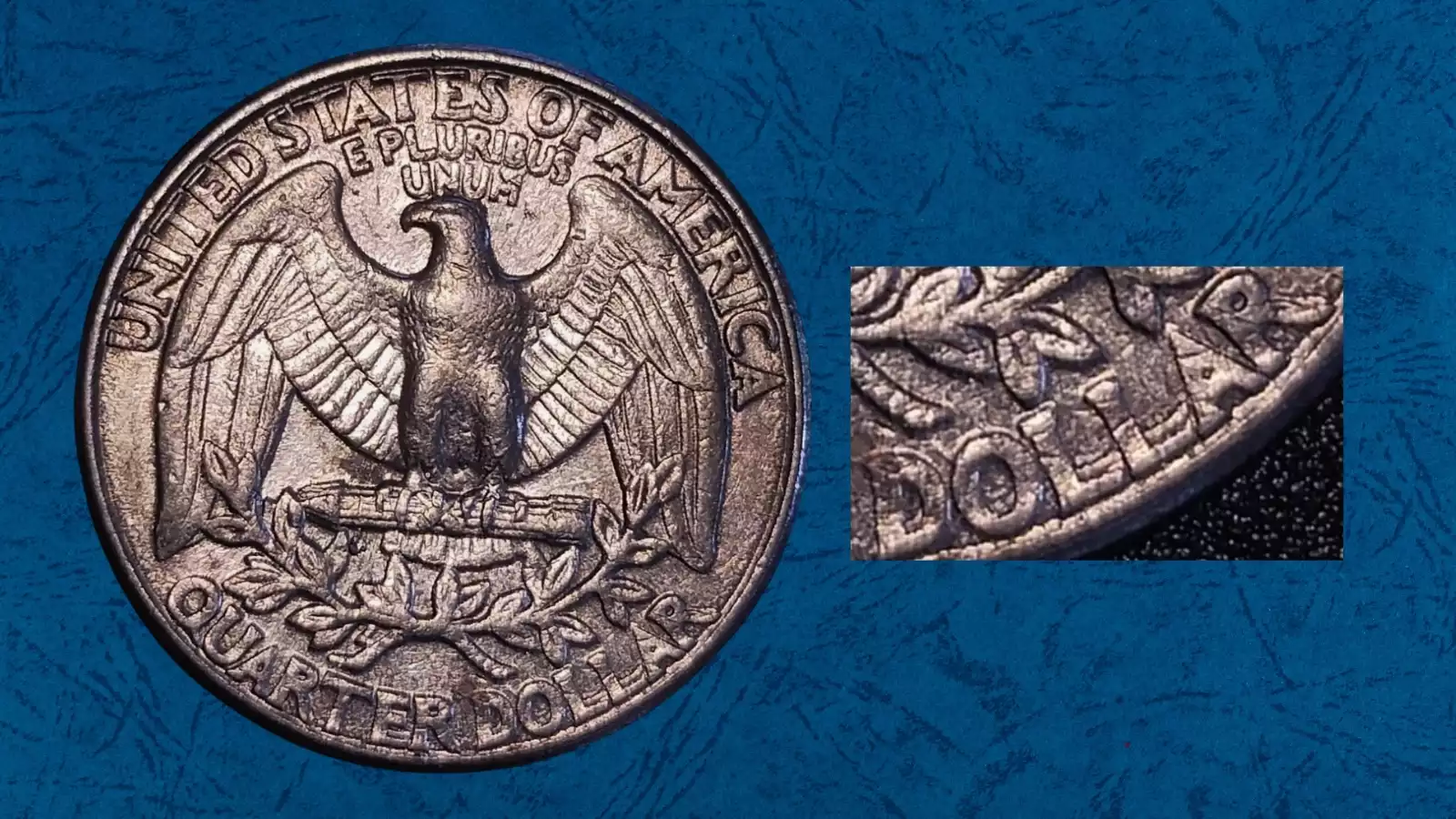 1998 quarter doubled die obverse showing doubling on IN GOD WE TRUST lettering taken under raking sidelight to show the doubled impression clearly