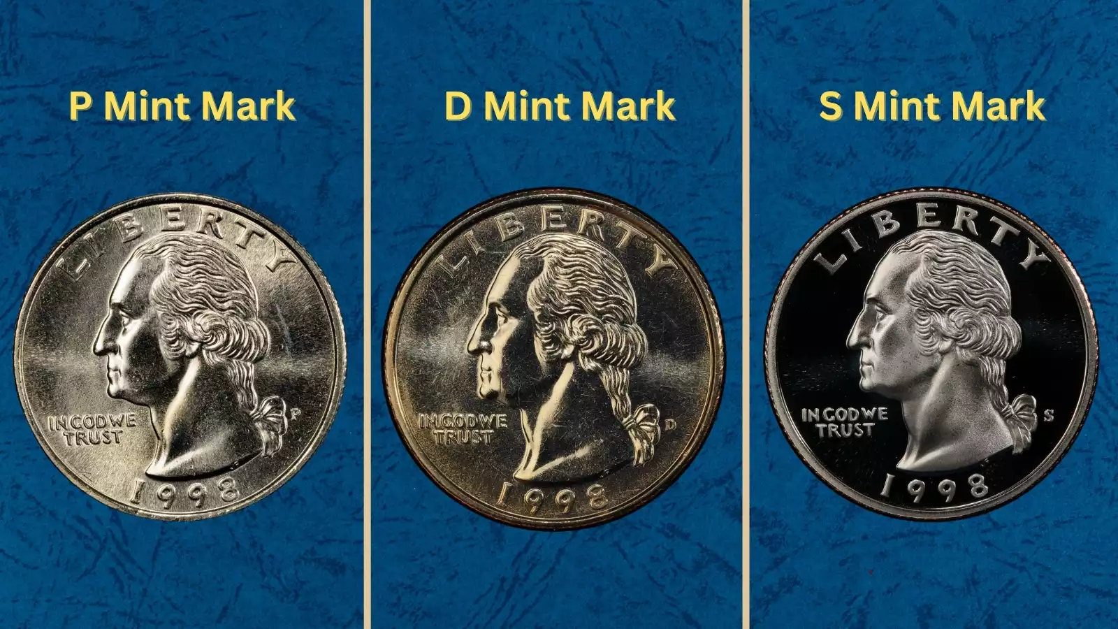 Group of 1998 Washington Quarters showing various grades from circulated to gem uncirculated, with 1998-D coin prominently displayed