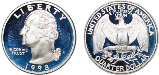 1998 Washington Quarter grading strip showing four condition tiers from worn G-4 to gem MS-66 with eagle breast feather detail comparison